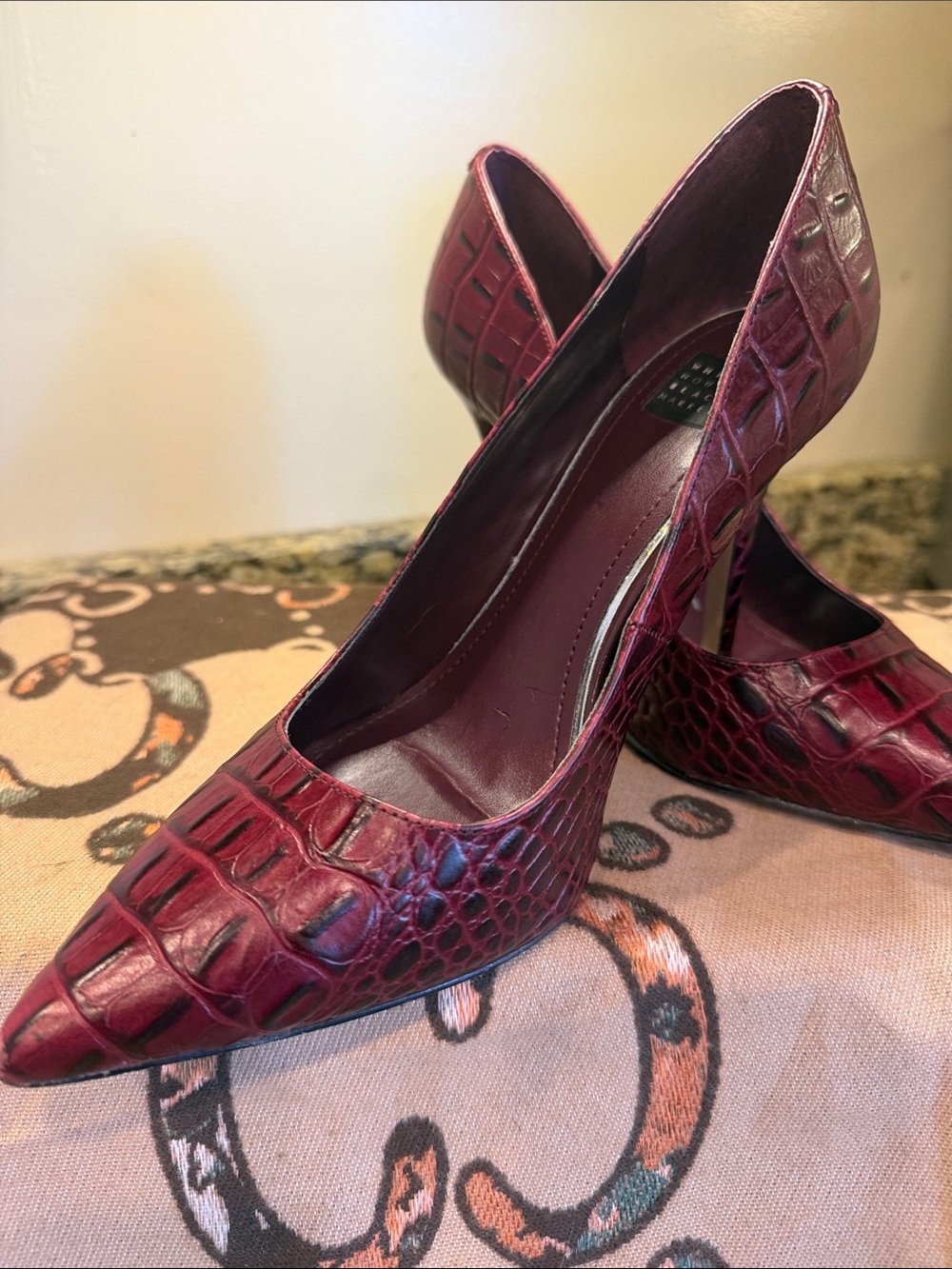 White House Black Market Burgundy Croc-Embossed Pointed-Toe Pumps